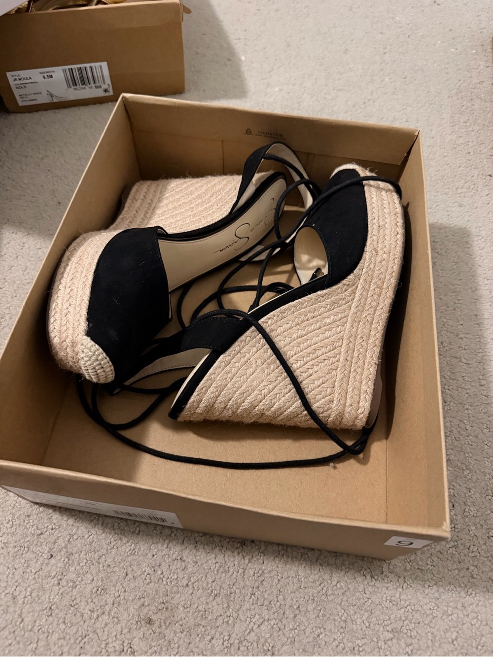 Jessica Simpson Black and Natural Espadrille Lace-Up Wedge Sandals